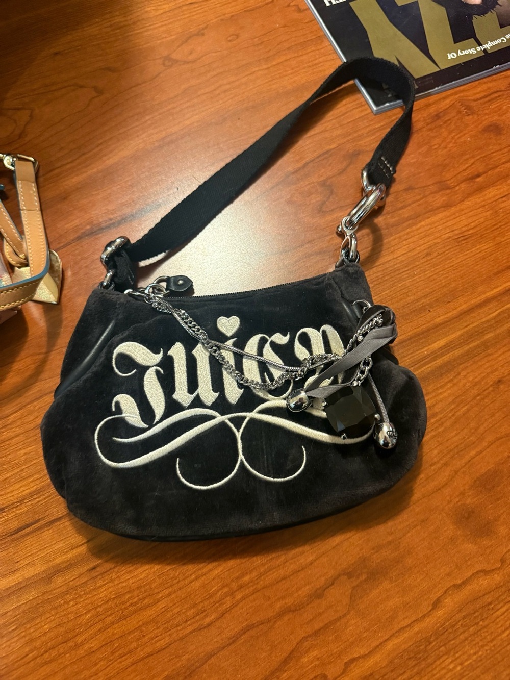 Juicy Couture Black Velvet Logo Shoulder Bag with Chain Charm